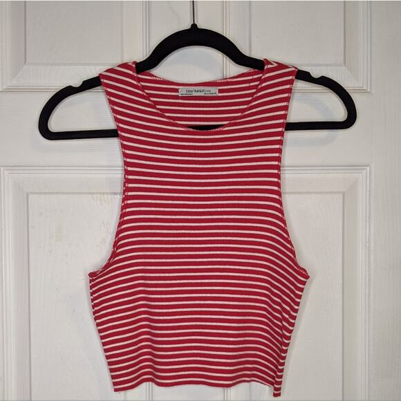 Zara Trafaluc Red & White Stripes Ribbed Crop Tank Top S - Picture 2 of 10